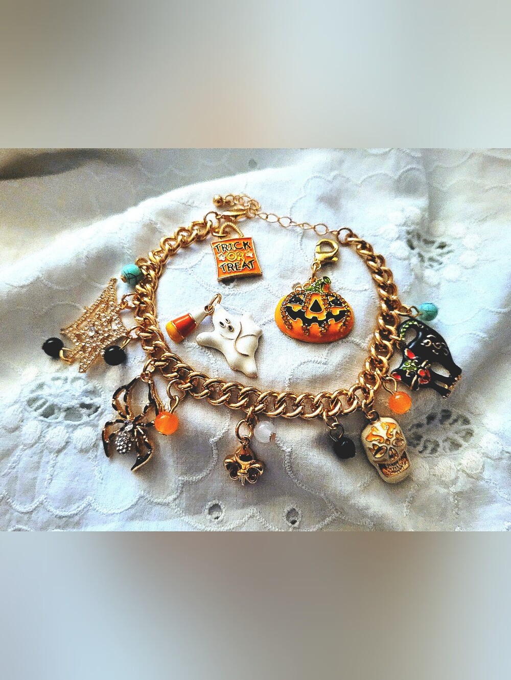Gold Halloween Charm Bracelet with Orange and Black Cat Ghost Spider Pumpkin EUC
